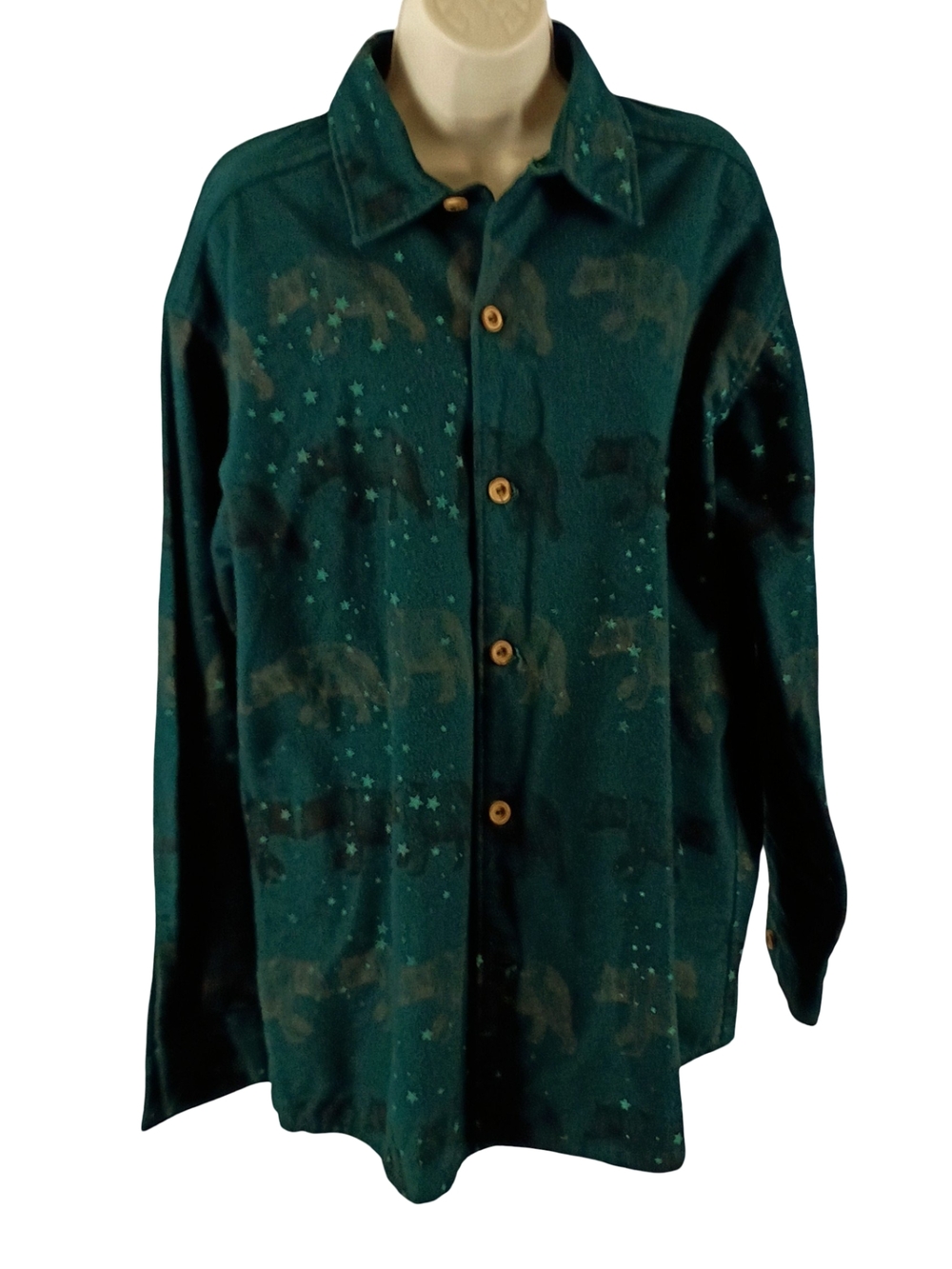Blue Rose Men's Dark Green Casual Button-Down Flannel Shirt with Bear Print